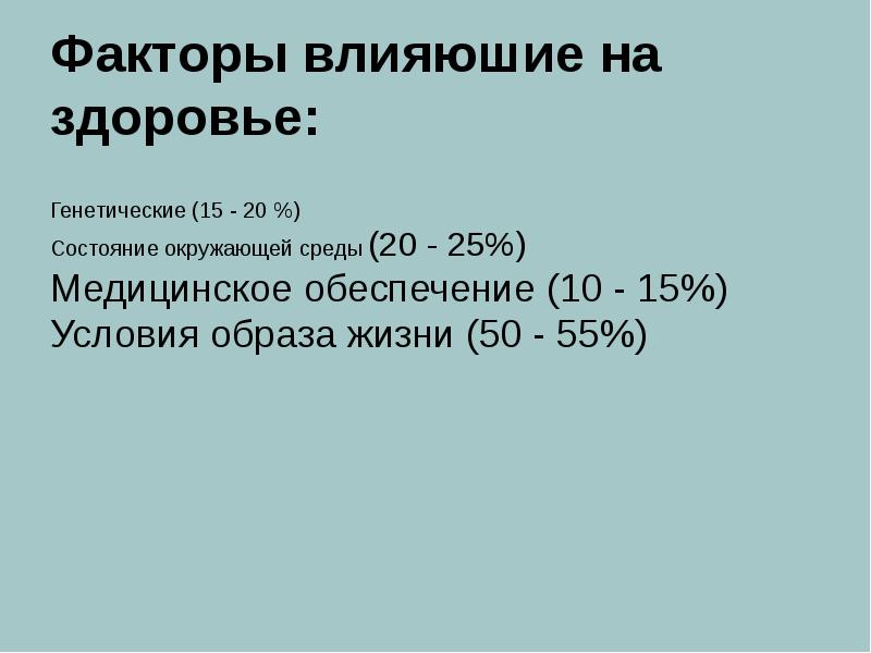 Факторы влияюшие на здоровье: Генетические (15 - 20 %) Состояние окружающей