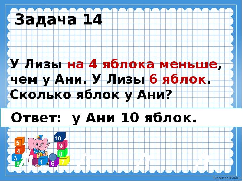 Задача 14. Интересные задачи для 1 класса. Небольшие маленькие интересные задачки. У Лизы на 4 яблока меньше, чем у Ани. У Лизы 6 яблок. Сколько яблок у Ани?. Интересные задачки связанные с литературой.