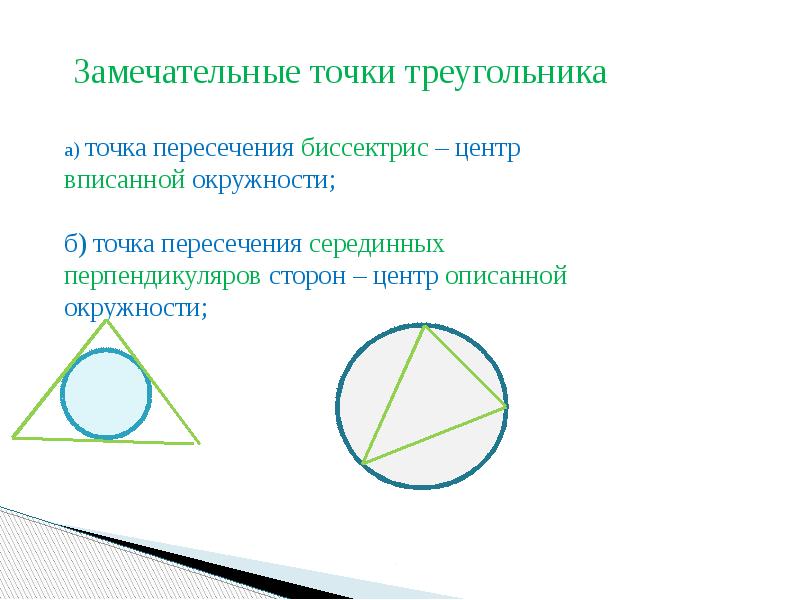 Центр вписанной окружности треугольника лежит в точке. Центр описанной окружности это точка пересечения. Центр описанной окружности треугольника. Центр вписанной окружности треугольника. Центр описанной окружности это точка пересечения биссектрис.