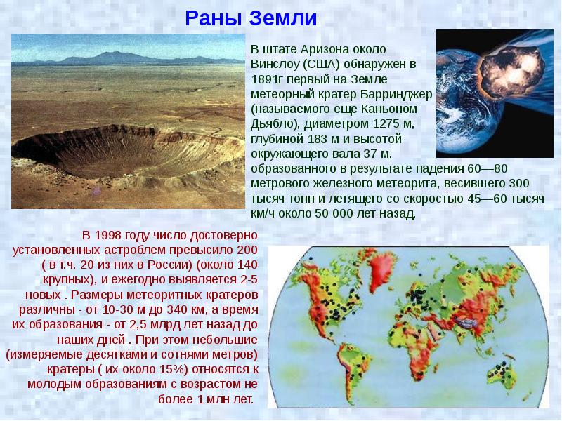 Рана земли. Образование кратеров на земле. Сообщение раны земли. Конспект по теме раны земли.