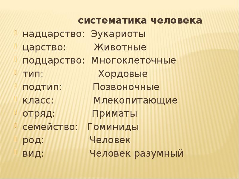 Составьте схему положения человека согласно критериям зоологической систематики