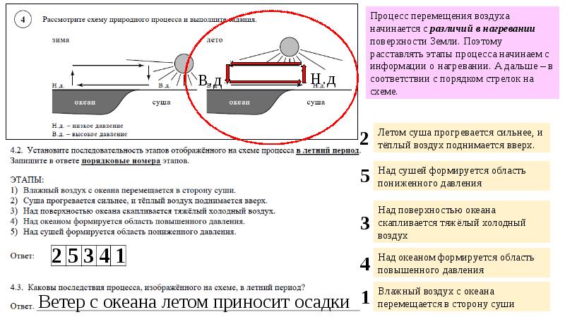 Установите последовательность этапов отображенного на схеме процесса в летний период