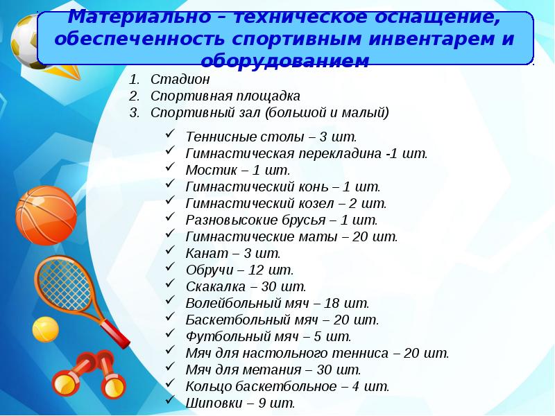 Спортивный инвентарь протираются. Спортивный инвентарь перечень. Перечень инвентаря для спортивного зала. Спортивный инвентарь в школе список. Список инвентаря для спортивного зала школы.