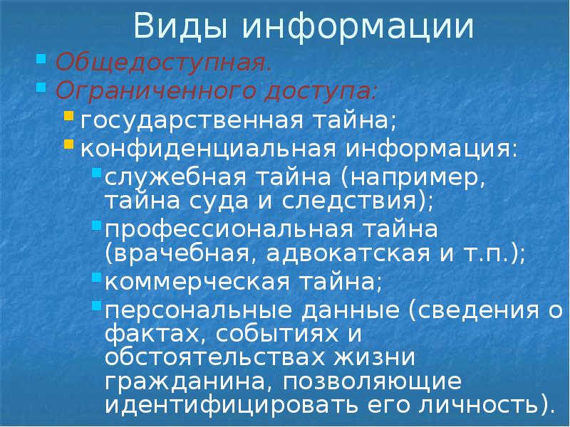 Виды общедоступной информации. Врачебная тайна и персональные данные. Служебная тайна и профессиональная тайна.