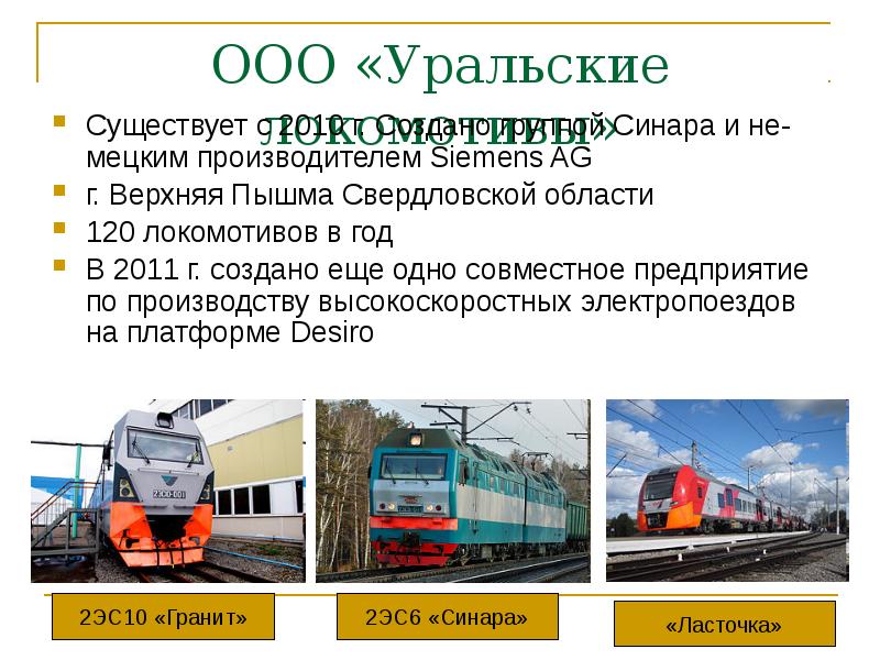 ООО «Уральские локомотивы»
Существует с 2010 г. Создано группой Синара и ООО «Уральские локомотивы»
Существует с 2010 г. Создано группой Синара и