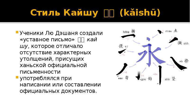 Стиль Кайшу 楷书 (kǎishū) Ученики Лю Дэшаня создали «уставное письмо» 楷書