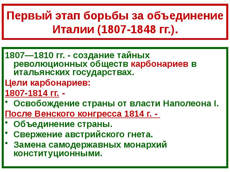 Восстановите картину героической борьбы итальянского народа за объединение своей страны