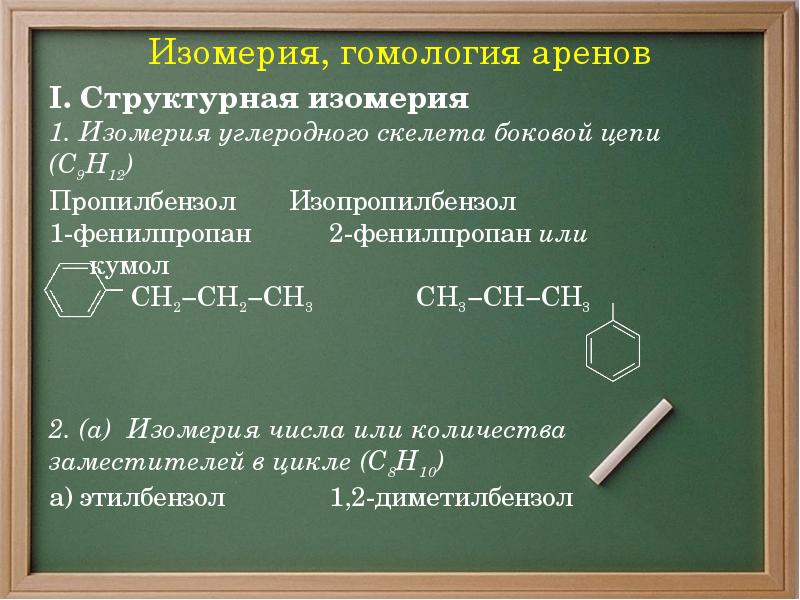 Изомерия, гомология аренов I. Структурная изомерия 1. Изомерия углеродного скелета боковой