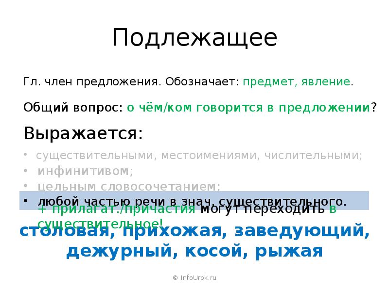 Подлежащее Гл. член предложения. Обозначает: предмет, явление.