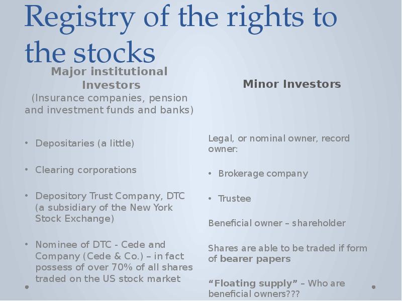 Registry of the rights to the stocks Major institutional &nbsp;Investors (Insurance