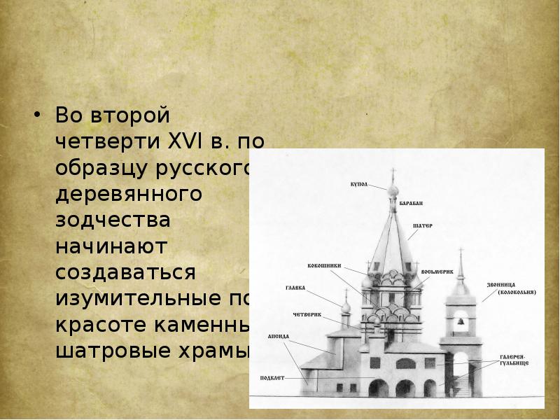 Во второй четверти XVI в. по образцу русского деревянного зодчества начинают