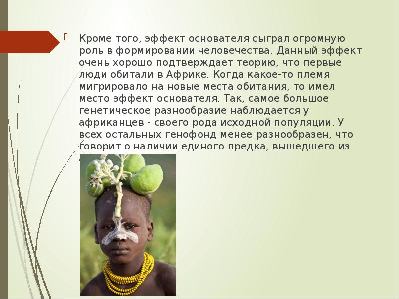 Кроме того, эффект основателя сыграл огромную роль в формировании человечества. Данный Кроме того, эффект основателя сыграл огромную роль в формировании человечества. Данный