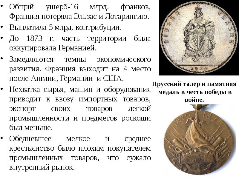 Общий ущерб-16 млрд. франков, Франция потеряла Эльзас и Лотарингию. Общий ущерб-16