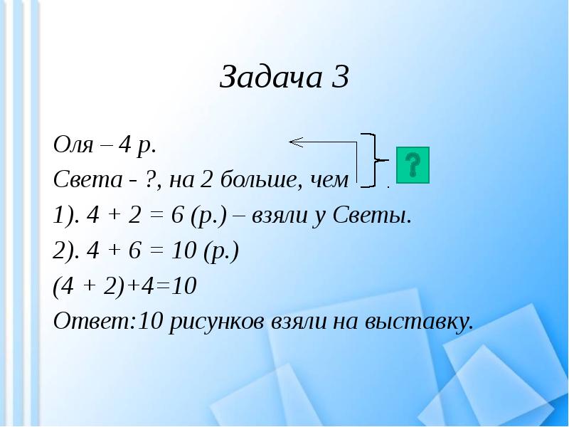 Задача у оли взяли на выставку 4 рисунка а у светы на 2 рисунка больше