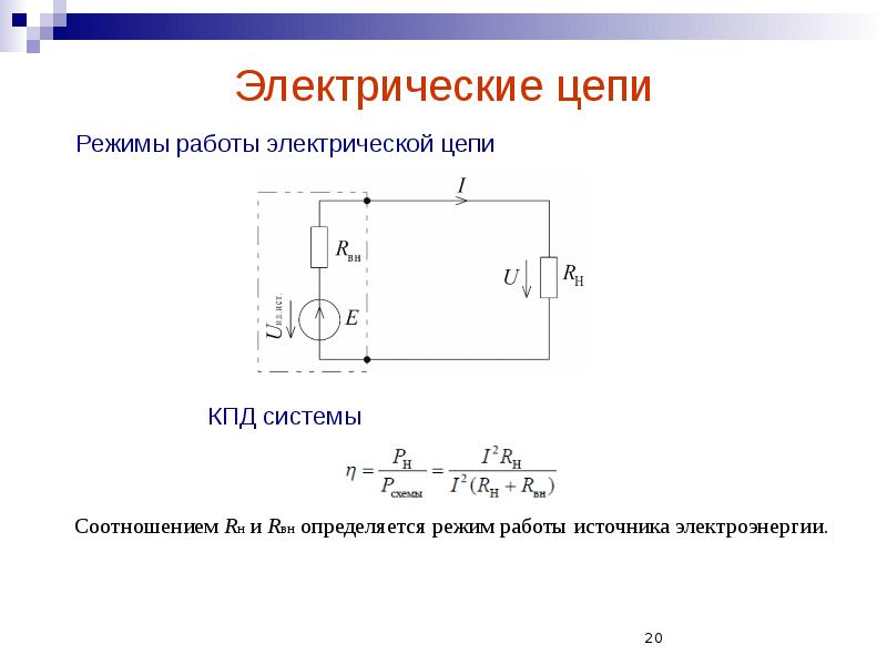 Электрические цепи
Режимы работы электрической цепи Электрические цепи
Режимы работы электрической цепи