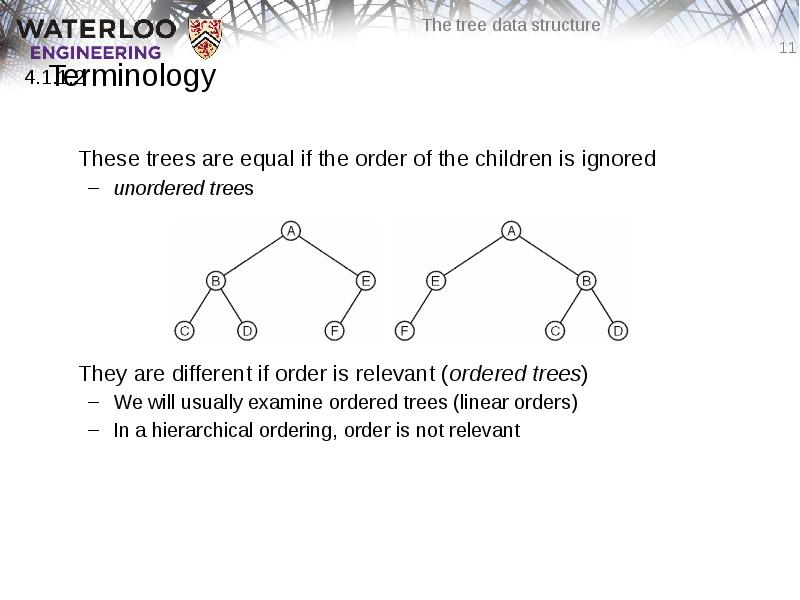 Terminology
These trees are equal if the order of the children Terminology
These trees are equal if the order of the children