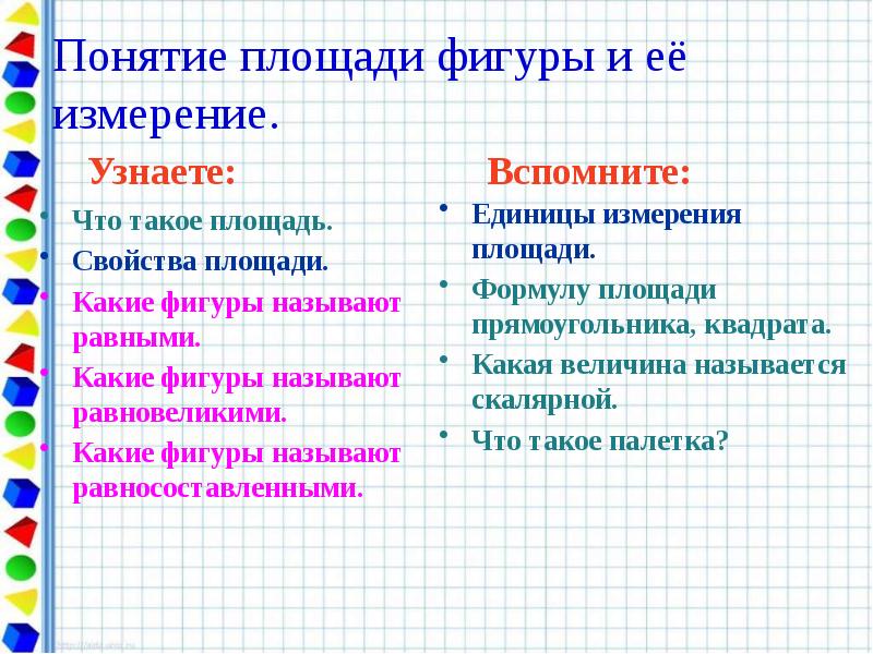 Понятие площади фигуры и её измерение. Что такое площадь. Свойства площади.