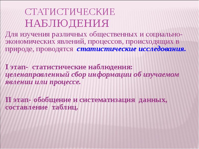 Статистические наблюдения Для изучения различных общественных и социально-экономических явлений, процессов, происходящих