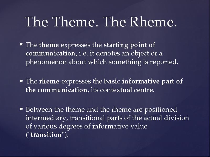 The Theme. The Rheme.
The theme expresses the starting point of The Theme. The Rheme.
The theme expresses the starting point of