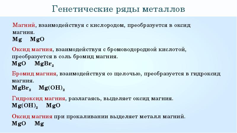 Составьте генетический ряд магния используя схему металл основный оксид основание соль