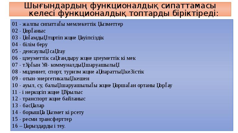 Шығындардың функционалдық сипаттамасы келесі функционалдық топтарды біріктіреді:
01 - жалпы сипаттағы Шығындардың функционалдық сипаттамасы келесі функционалдық топтарды біріктіреді:
01 - жалпы сипаттағы