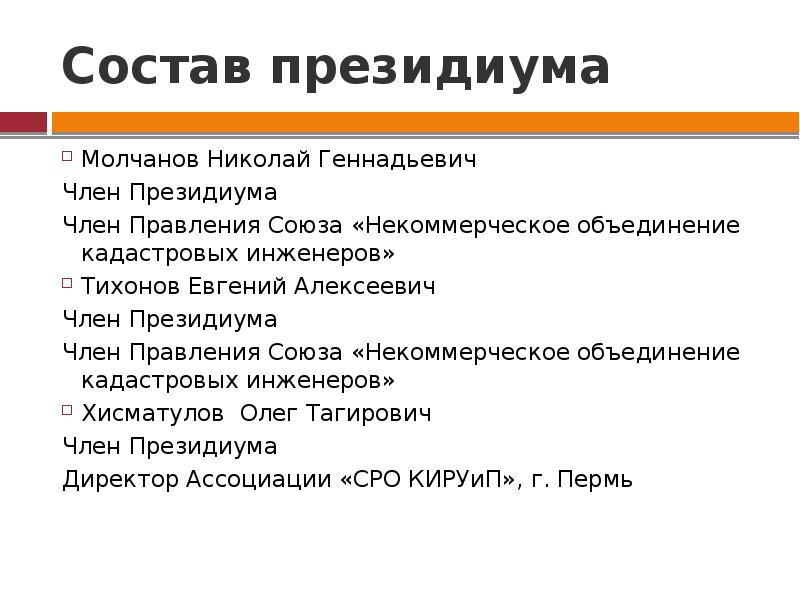 Некоммерческое объединение кадастровых инженеров. Состав Президиума. Иерархия национального объединения кадастровых инженеров.