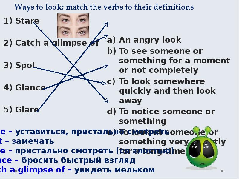 Match the definitions to the words 5. Ways to look презентация. Match the verbs to the Definitions. Stare catch a glimpse of spot glance glare разница. Look angrily презентация.