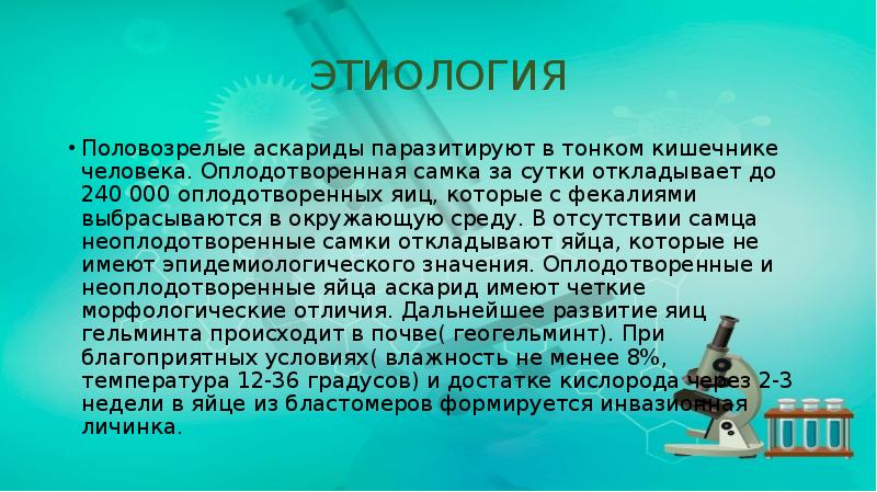 ЭТИОЛОГИЯ
Половозрелые аскариды паразитируют в тонком кишечнике человека. Оплодотворенная самка за ЭТИОЛОГИЯ
Половозрелые аскариды паразитируют в тонком кишечнике человека. Оплодотворенная самка за