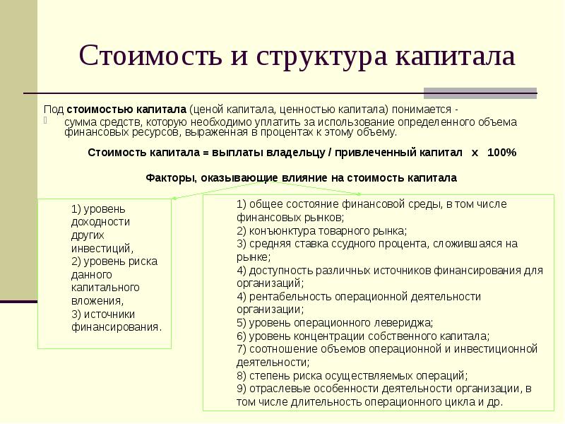 Под стоимостью капитала понимается