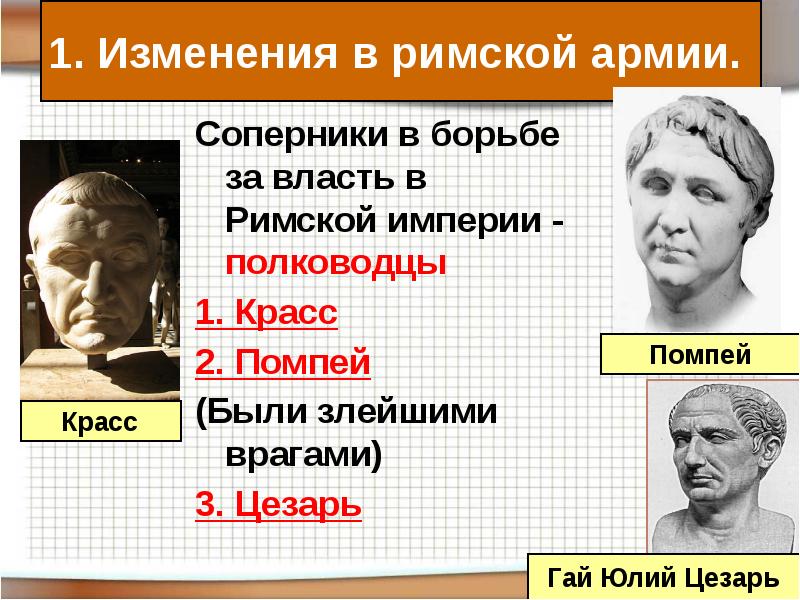 1. Изменения в римской армии.
Соперники в борьбе за власть в 1. Изменения в римской армии.
Соперники в борьбе за власть в
