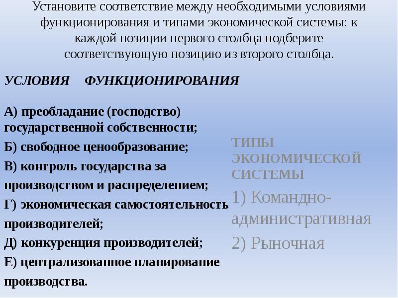 Преобладание частной собственности тип экономической системы. Типы экономических систем и условия функционирования. Господство государственной собственности экономическая система. Типы экономических систем презентация. Условия функционирования систем.