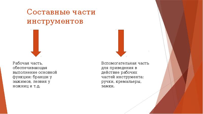 Составные части инструментов Рабочая часть, обеспечивающая выполнение основной функции: бранши у