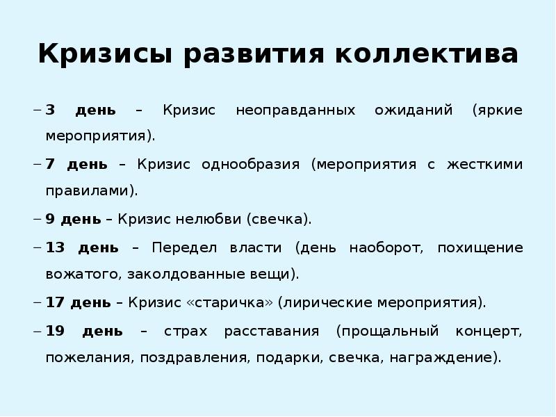 Кризисы развития коллектива
3 день – Кризис неоправданных ожиданий (яркие мероприятия).
Кризисы развития коллектива
3 день – Кризис неоправданных ожиданий (яркие мероприятия).