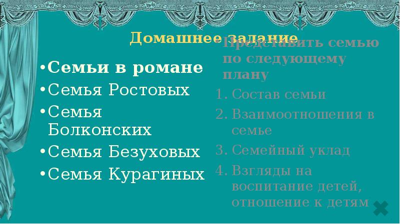 Домашнее задание Семьи в романе Семья Ростовых Семья Болконских Семья Безуховых