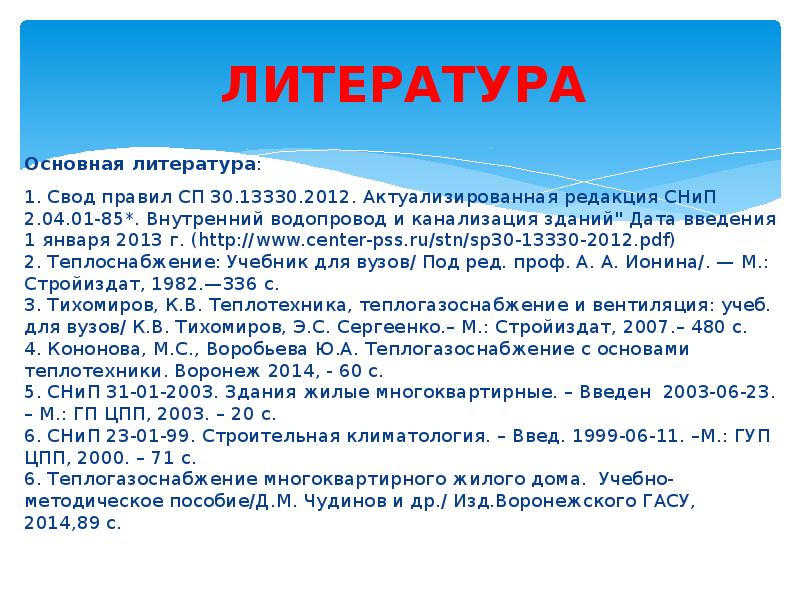 ЛИТЕРАТУРА Основная литература: 1. Свод правил СП 30.13330.2012. Актуализированная редакция СНиП