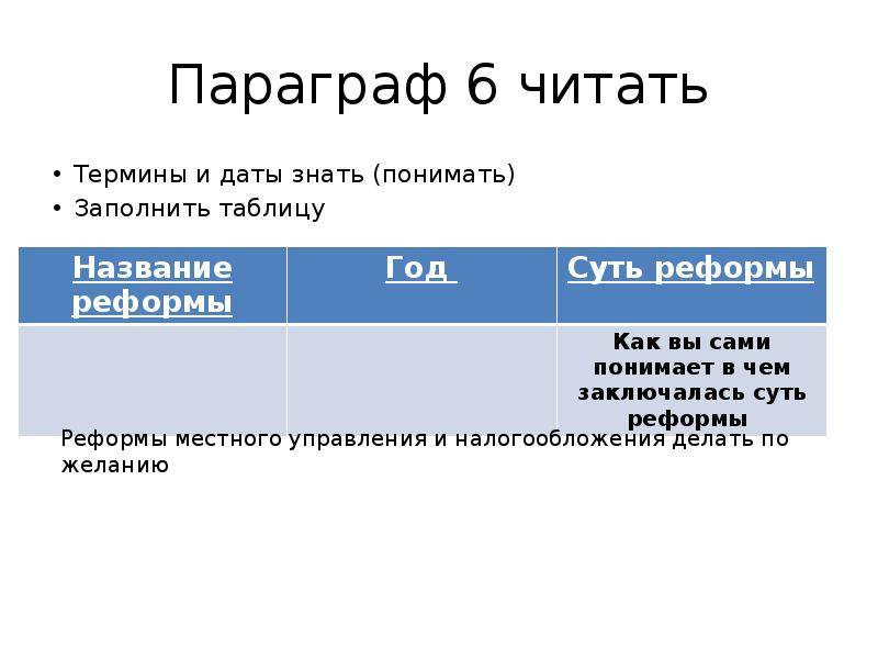Параграф 6 читать Термины и даты знать (понимать) Заполнить таблицу