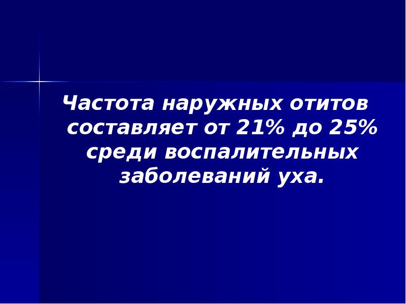 Частота наружных отитов составляет от 21% до 25% среди воспалительных заболеваний