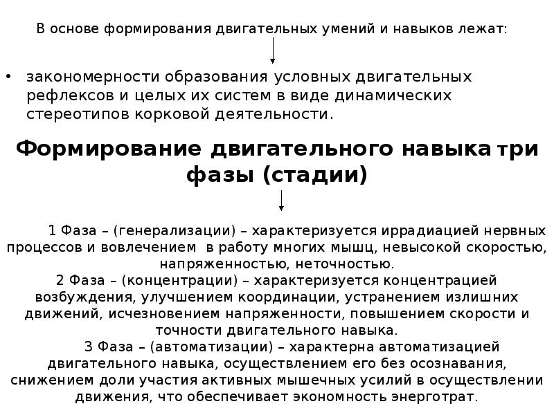 Образование двигательного навыка происходит по трем фазам