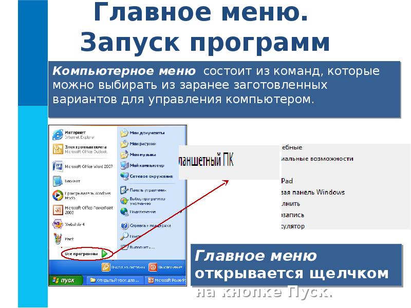 Главное меню. Запуск программ Компьютерное меню состоит из команд, которые