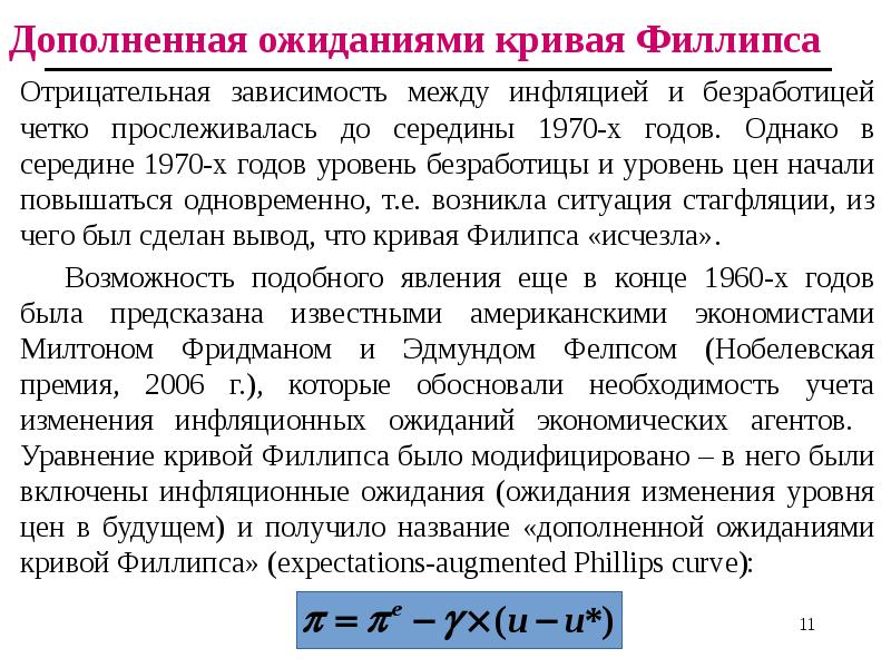 Дополненная ожиданиями кривая Филлипса
Отрицательная зависимость между инфляцией и безработицей четко Дополненная ожиданиями кривая Филлипса
Отрицательная зависимость между инфляцией и безработицей четко