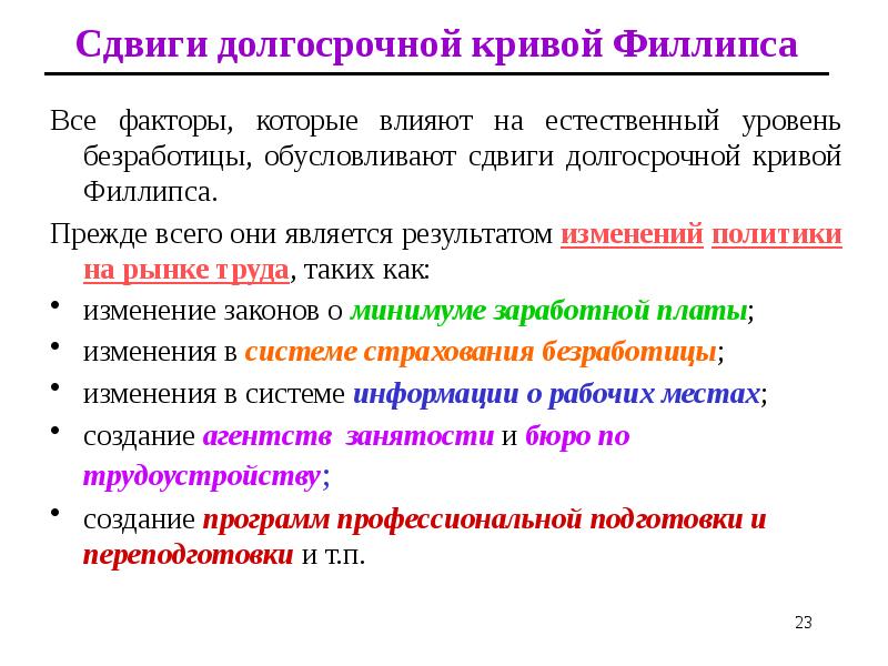 Все факторы, которые влияют на естественный уровень безработицы, обусловливают сдвиги долгосрочной Все факторы, которые влияют на естественный уровень безработицы, обусловливают сдвиги долгосрочной