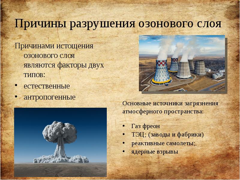 Причины разрушения озонового слоя Причинами истощения озонового слоя являются факторы двух