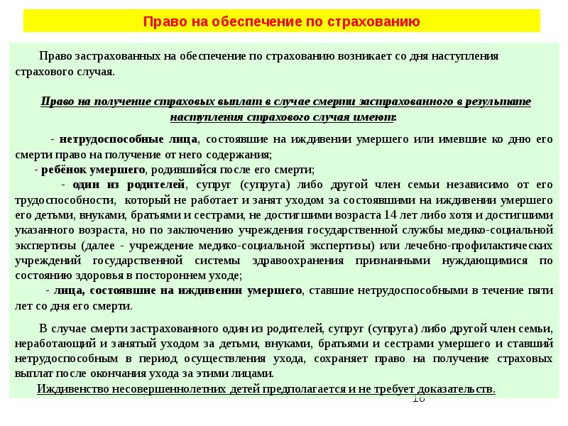 Получение имей. Страховые выплаты в случае смерти застрахованного выплачиваются. Право застрахованного на обеспечение по страхованию возникает. Право на получение страховых выплат.. Право получения страхового возмещения.