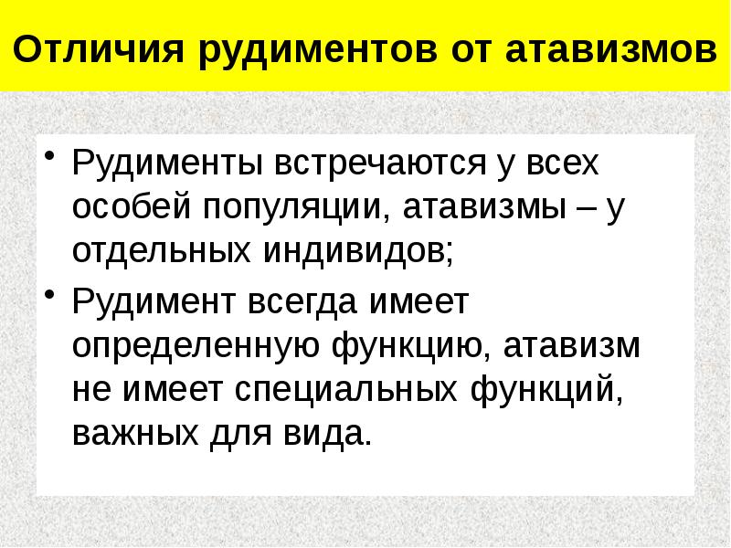 Отличия рудиментов от атавизмов
Рудименты встречаются у всех особей популяции, атавизмы Отличия рудиментов от атавизмов
Рудименты встречаются у всех особей популяции, атавизмы