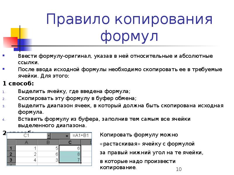 Почему при копировании. Способы копирования формул. Ввод данных в электронную таблицу. Правила ввода формул. Правила копирования формул.