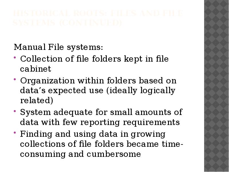 Historical Roots: Files and File Systems (continued)
Manual File Historical Roots: Files and File Systems (continued)
Manual File