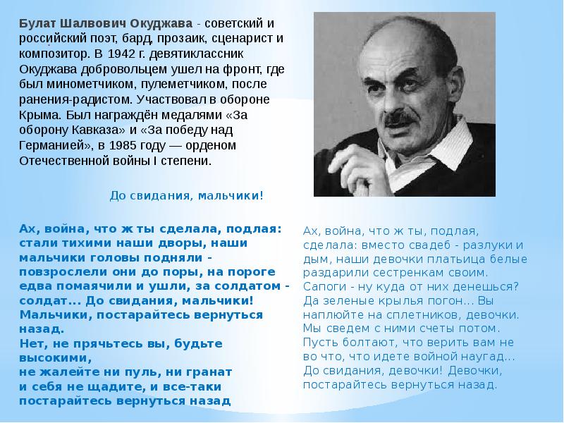 История создания песни окуджавы. Краткая биография Булата Окуджавы для 6 класса.