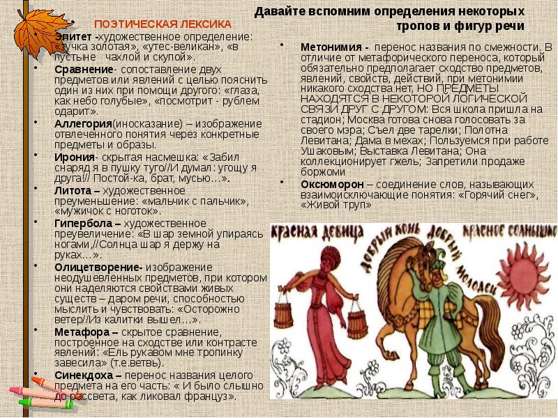 Давайте вспомним определения некоторых тропов и фигур речи
ПОЭТИЧЕСКАЯ Давайте вспомним определения некоторых тропов и фигур речи
ПОЭТИЧЕСКАЯ