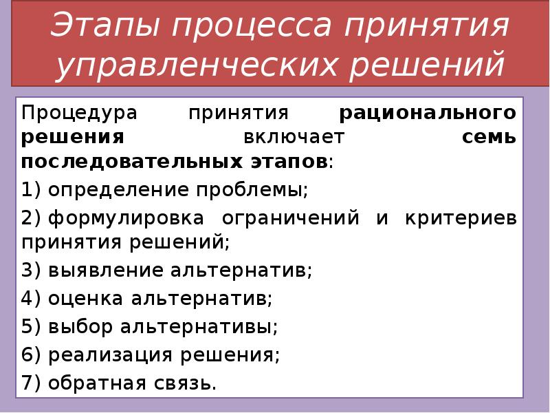 Этапы принятия управленческих решений. Этапы процесса принятия управленческих решений. Этапы при принятии управленческих решений. Критерии принятия управленческих решений.