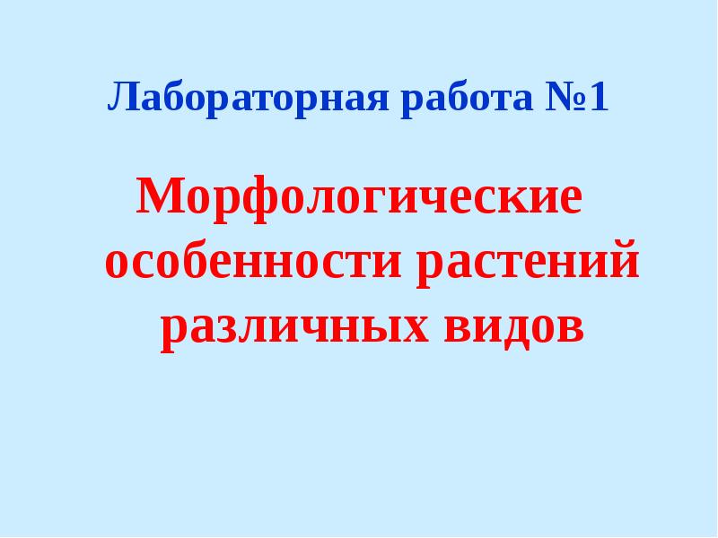 Лабораторная работа №1
Морфологические особенности растений различных видов Лабораторная работа №1
Морфологические особенности растений различных видов